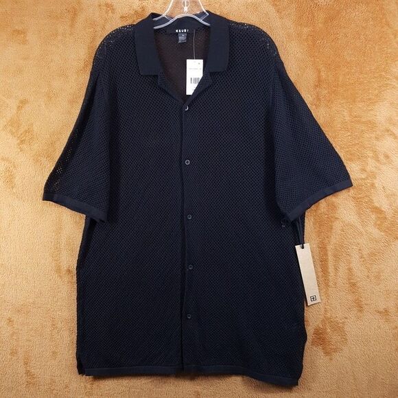 KSUBI Shirt Mens XL Black Button Up Sheer Mesh Knit NET WORTH RESORT - Picture 2 of 9